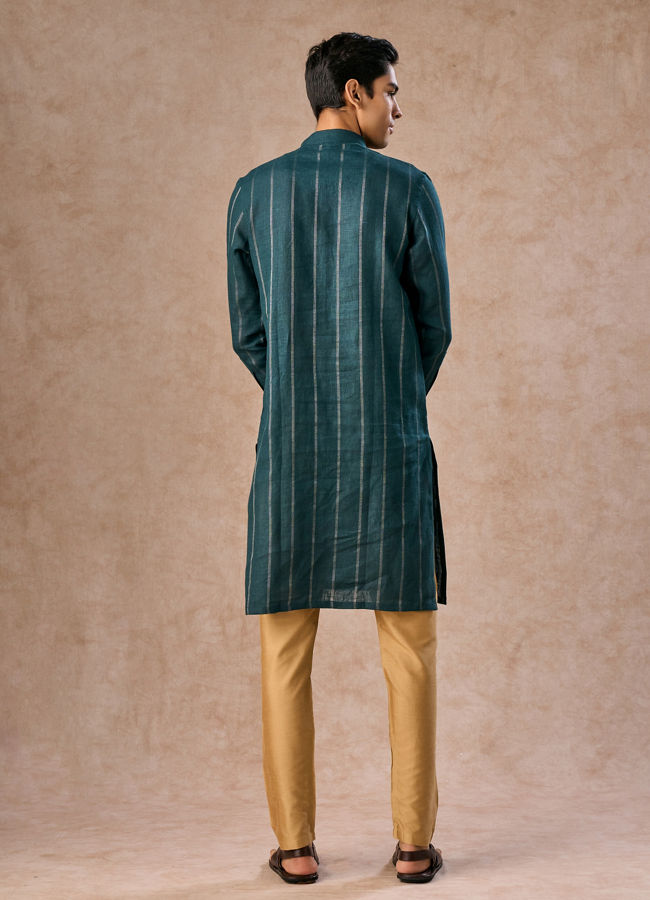 Manyavar Men Elegant Teal Blue Linen Kurta