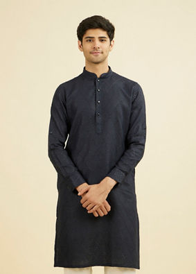 Manyavar Men Elegant Dark Blue Linen Kurta