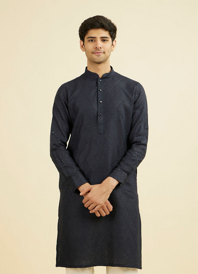 Manyavar Men Elegant Dark Blue Linen Kurta