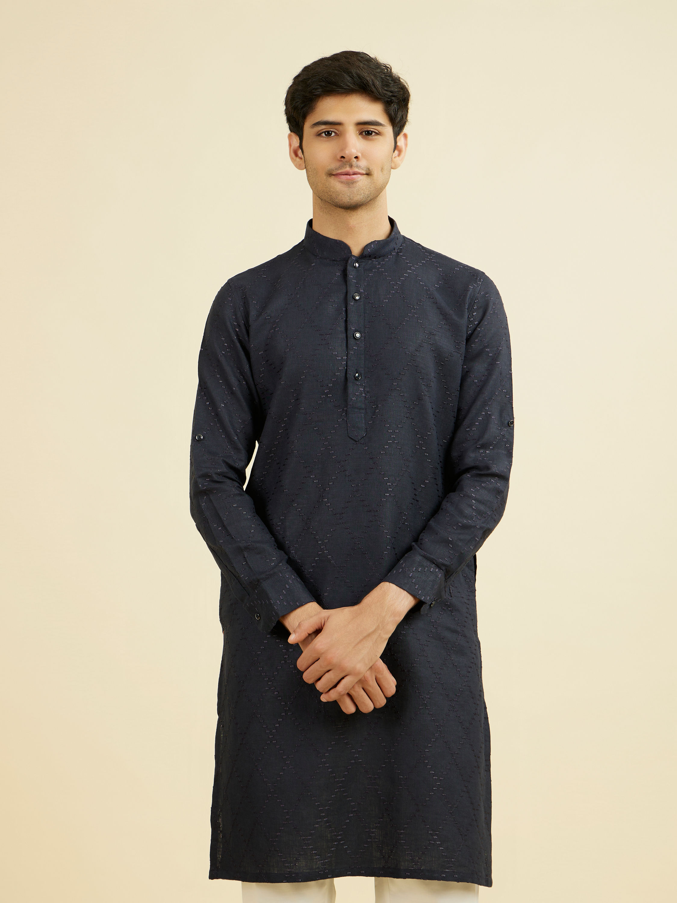 Manyavar Men Elegant Dark Blue Linen Kurta