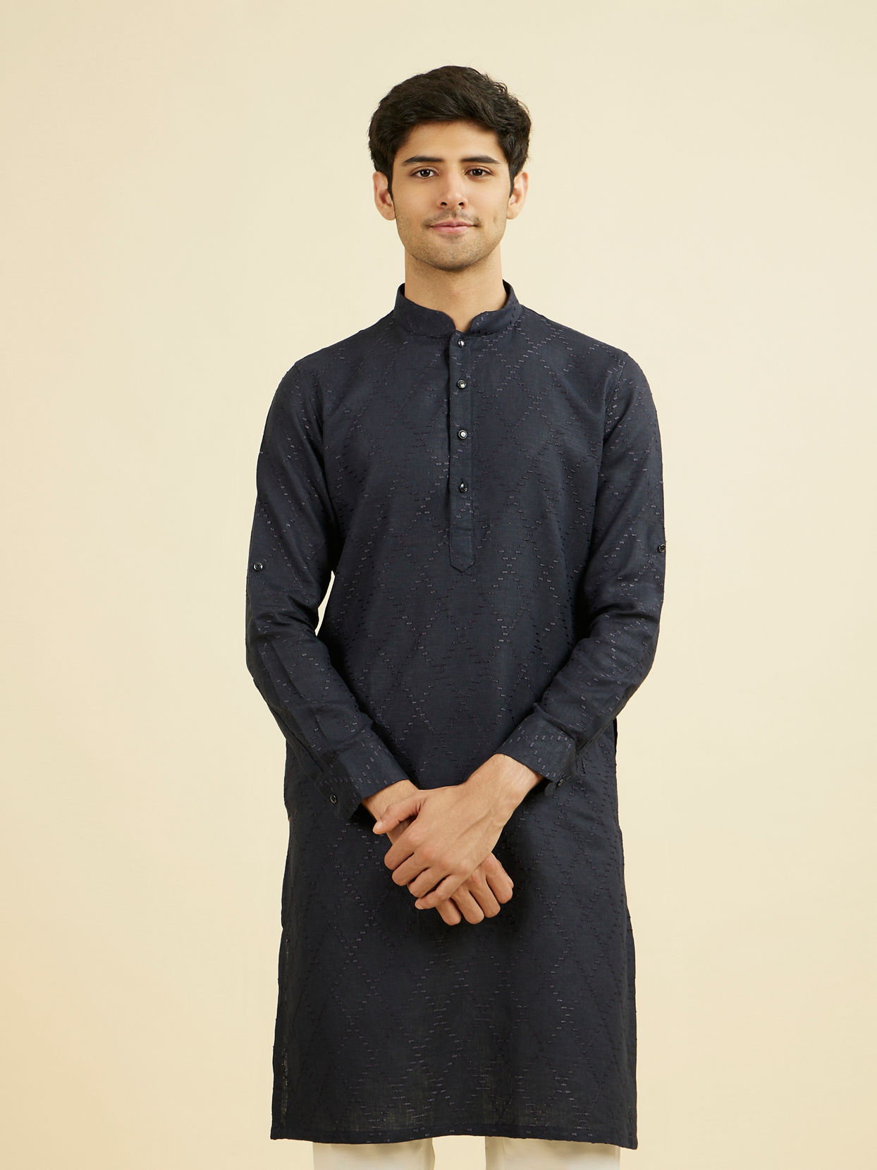 Manyavar Men Elegant Dark Blue Linen Kurta