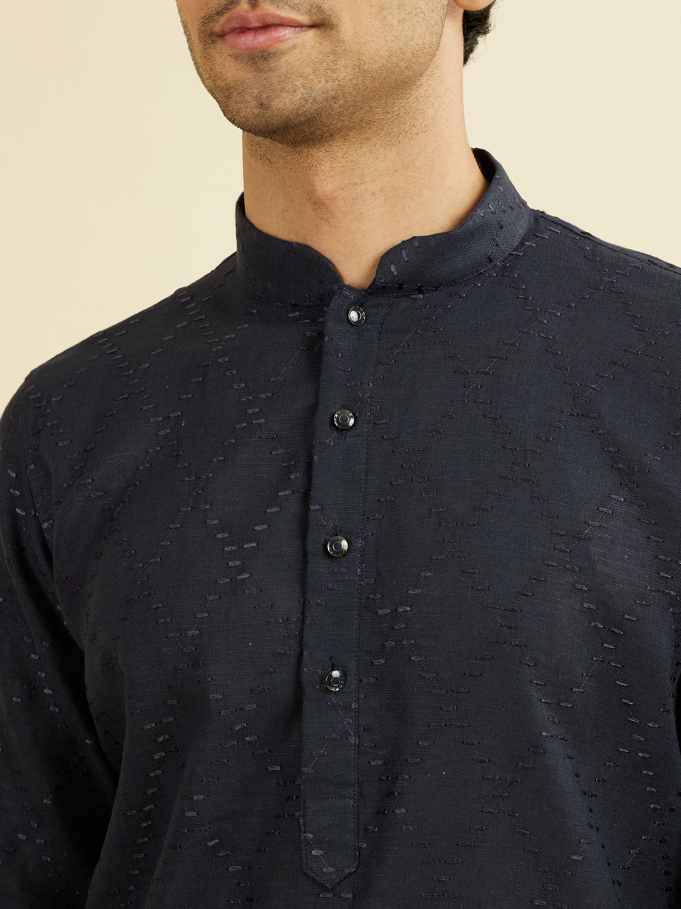 Manyavar Men Elegant Dark Blue Linen Kurta