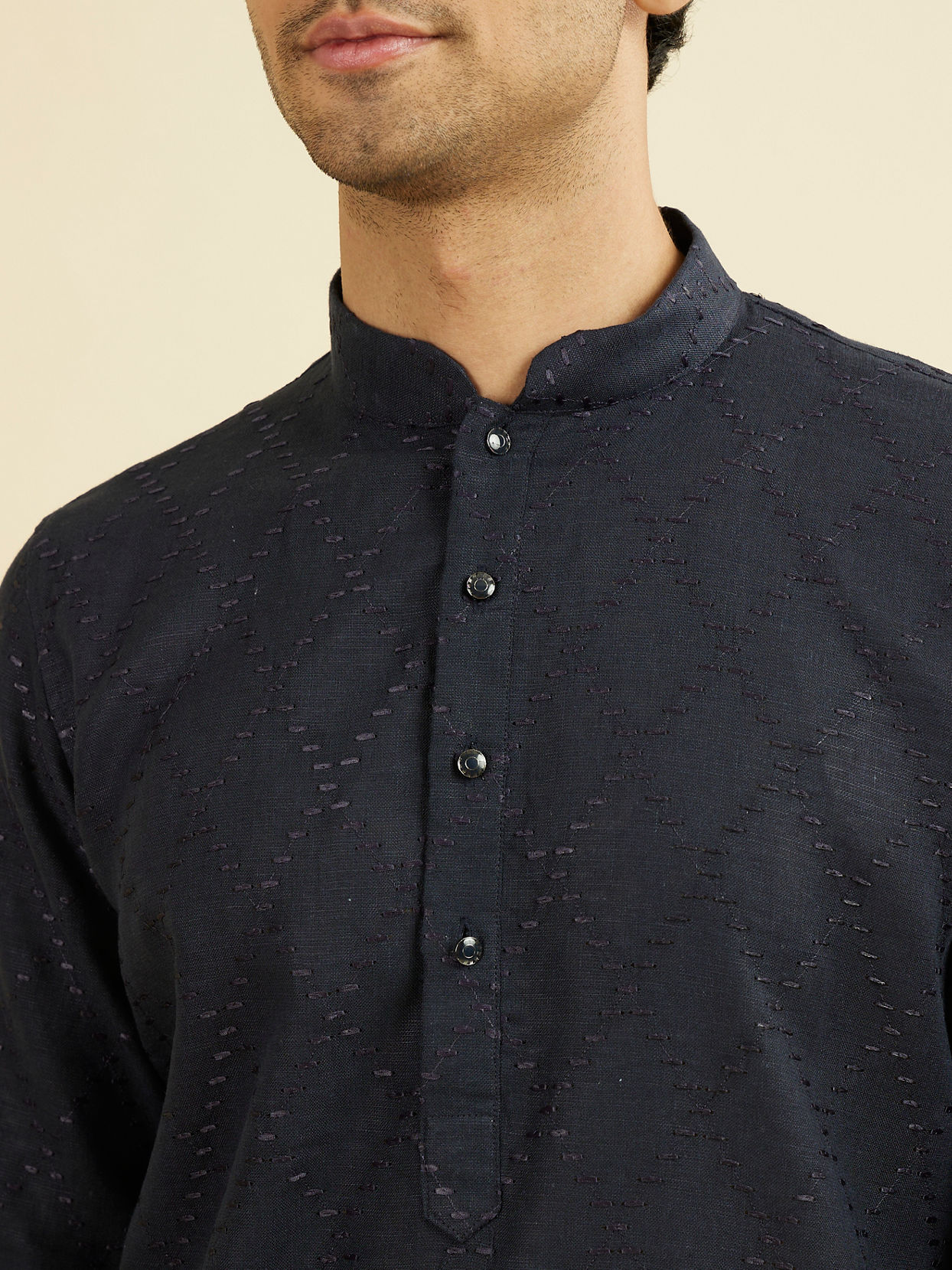 Manyavar Men Elegant Dark Blue Linen Kurta