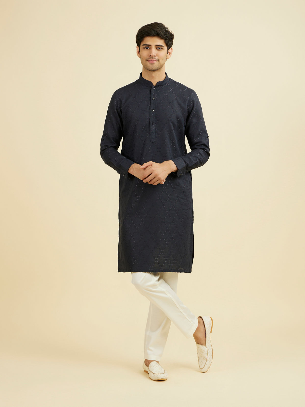 Manyavar Men Elegant Dark Blue Linen Kurta