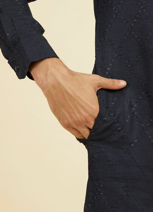 Manyavar Men Elegant Dark Blue Linen Kurta