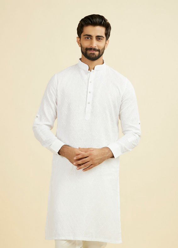 Manyavar Men Warm White Linen Kurta