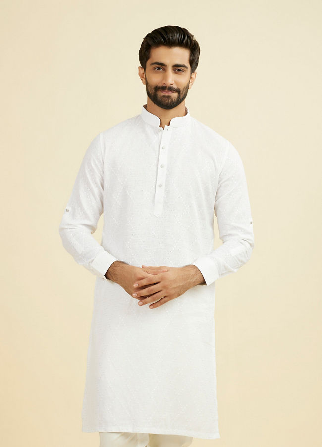 Manyavar Men Warm White Linen Kurta