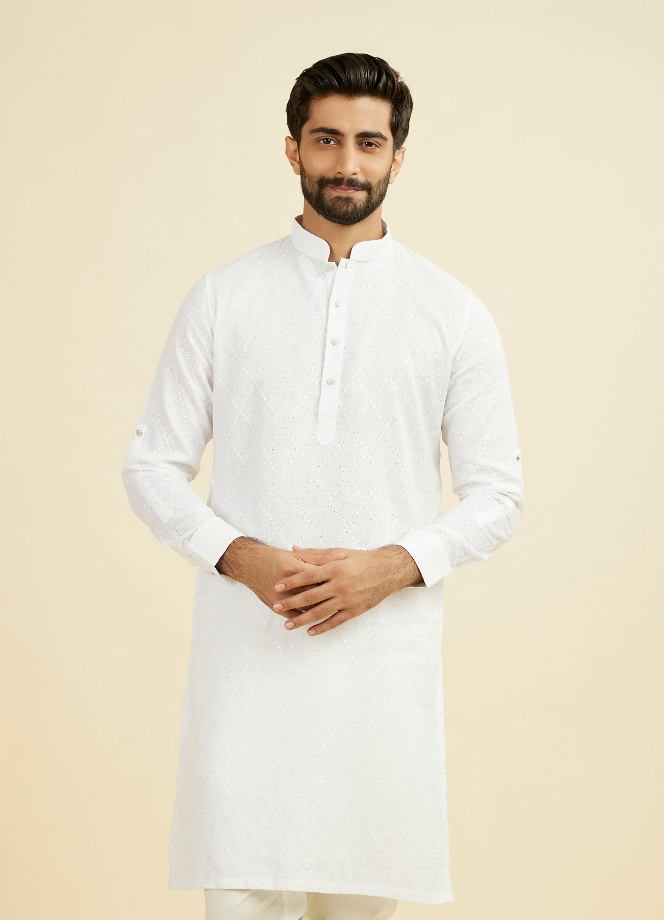Manyavar Men Warm White Linen Kurta
