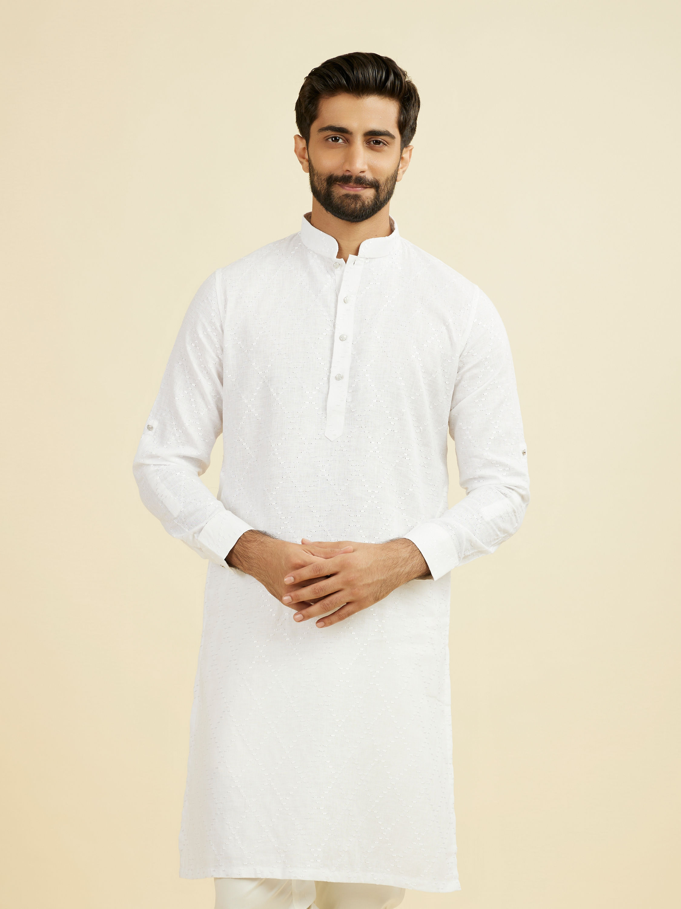 Manyavar Men Warm White Linen Kurta