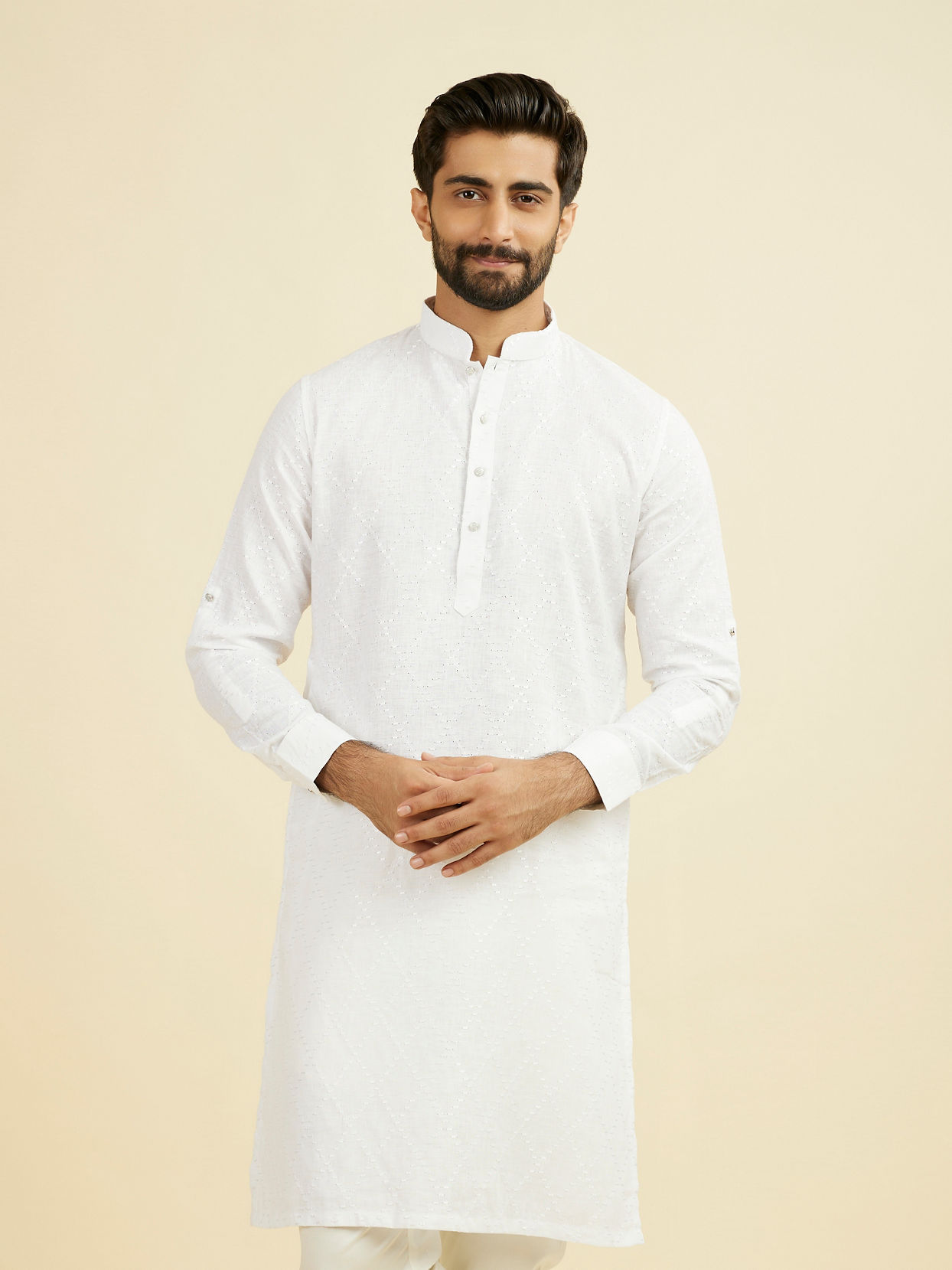Manyavar Men Warm White Linen Kurta