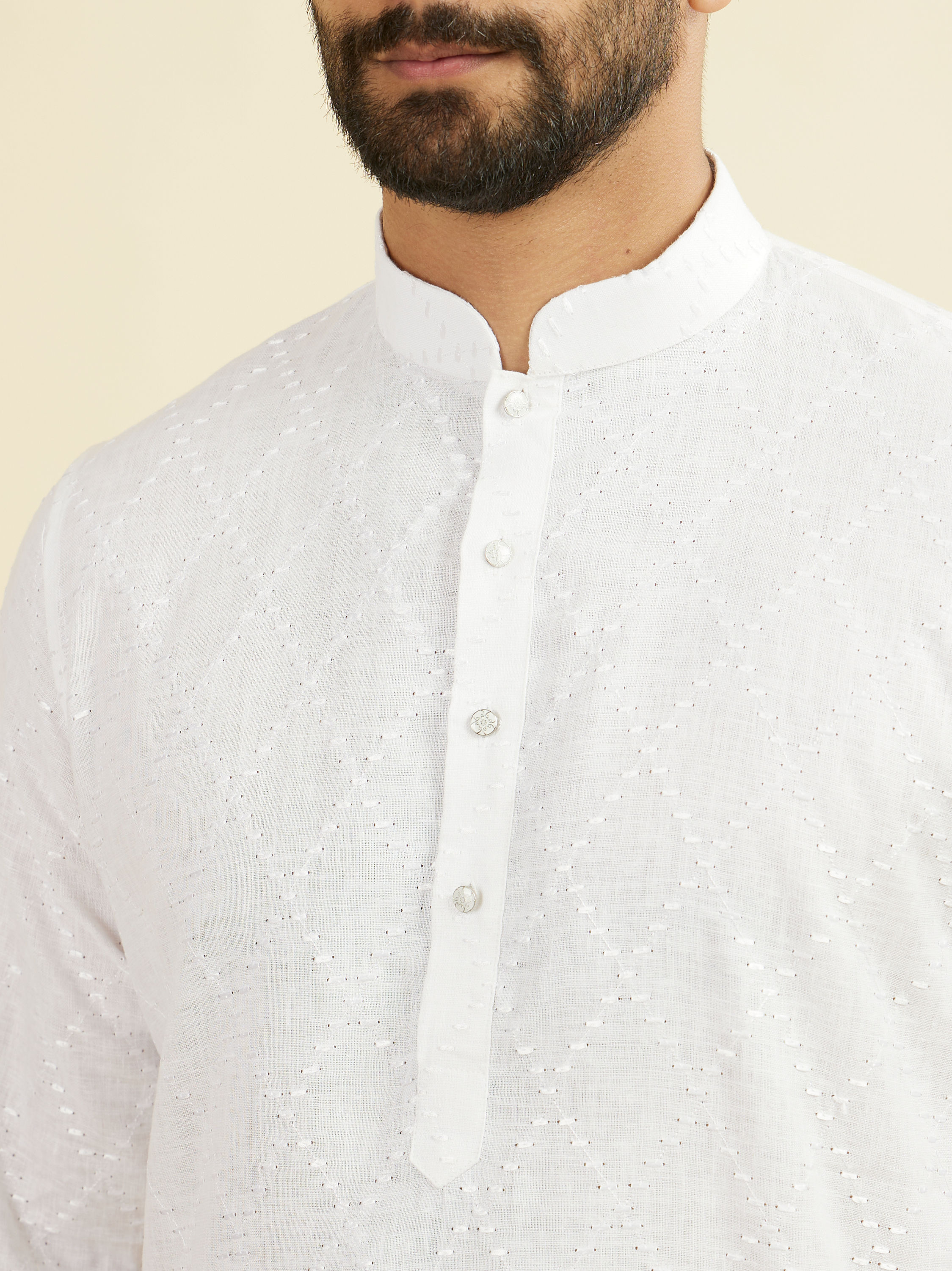 Manyavar Men Warm White Linen Kurta