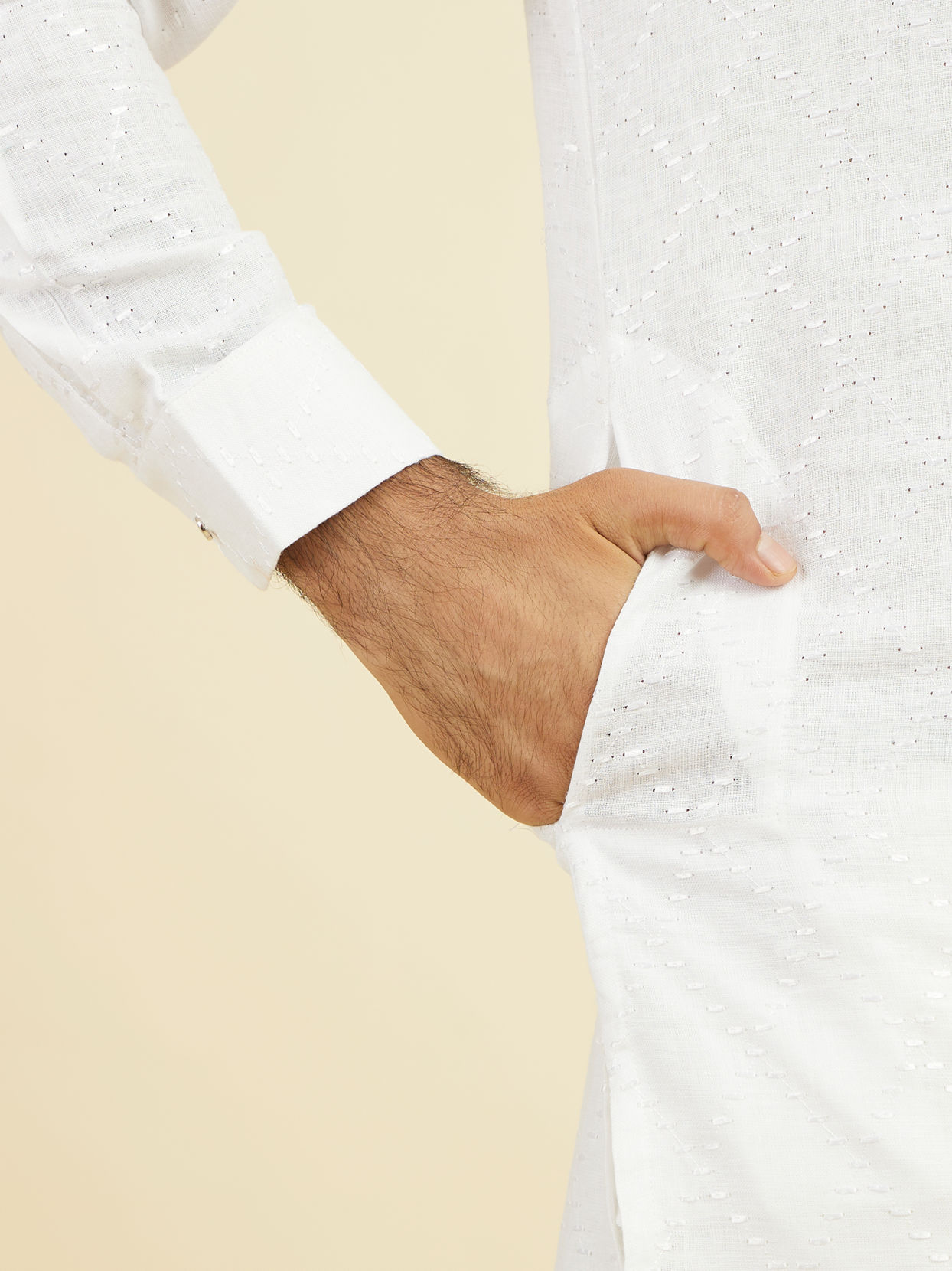 Manyavar Men Warm White Linen Kurta