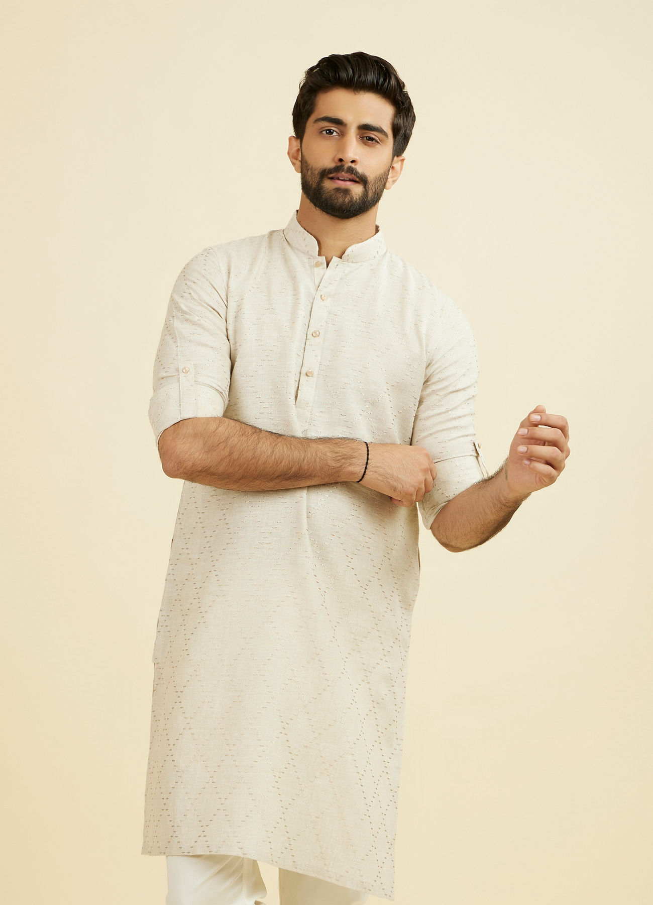 Manyavar Men Beige Linen Kurta