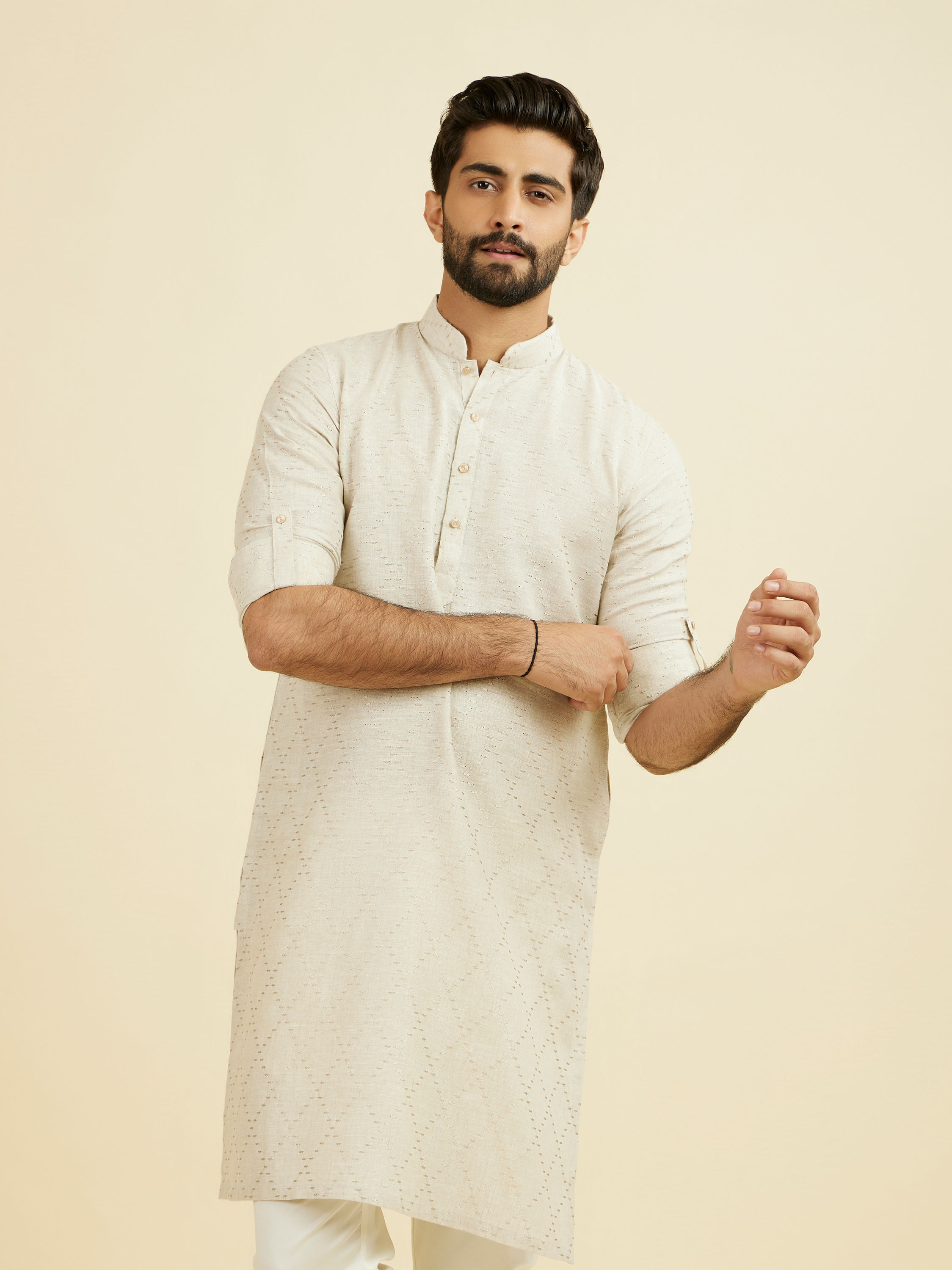 Manyavar Men Beige Linen Kurta