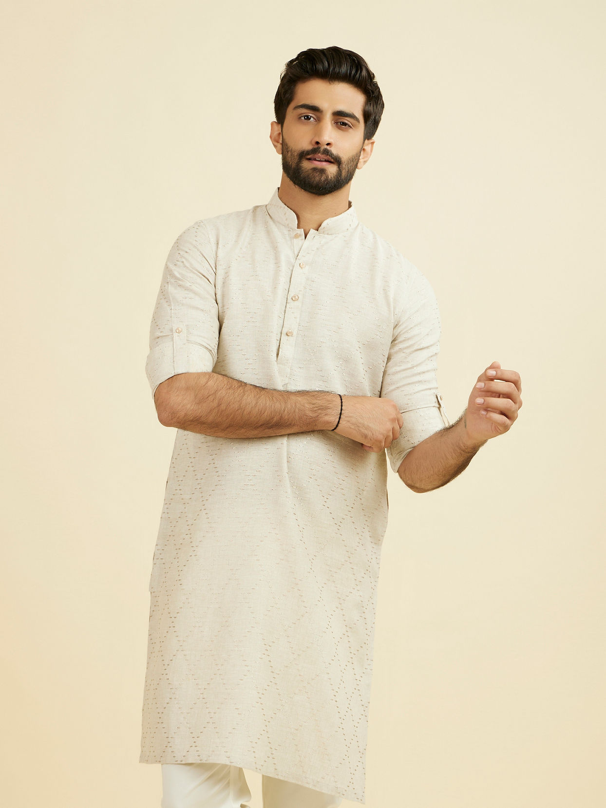 Manyavar Men Beige Linen Kurta