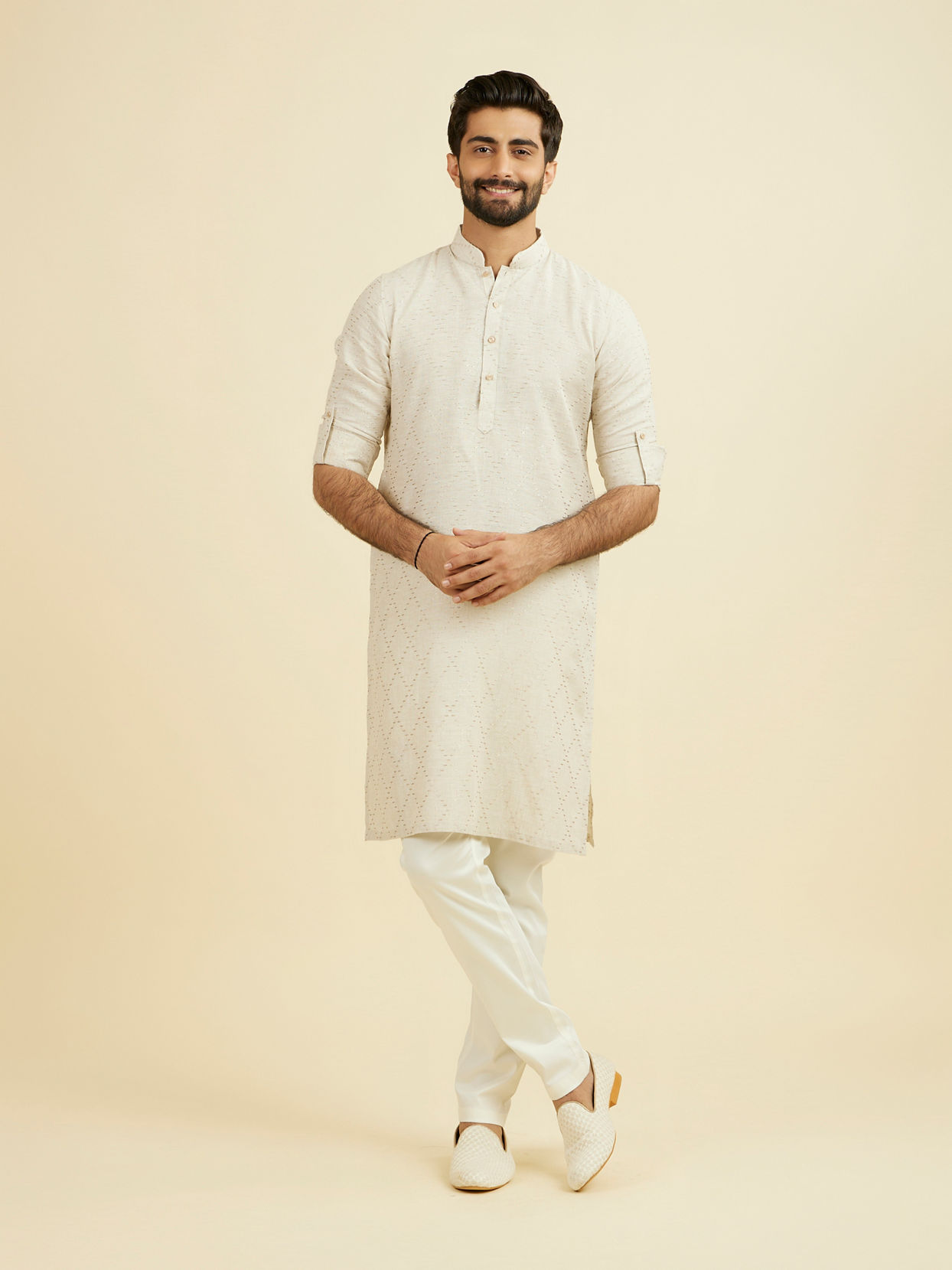 Manyavar Men Beige Linen Kurta