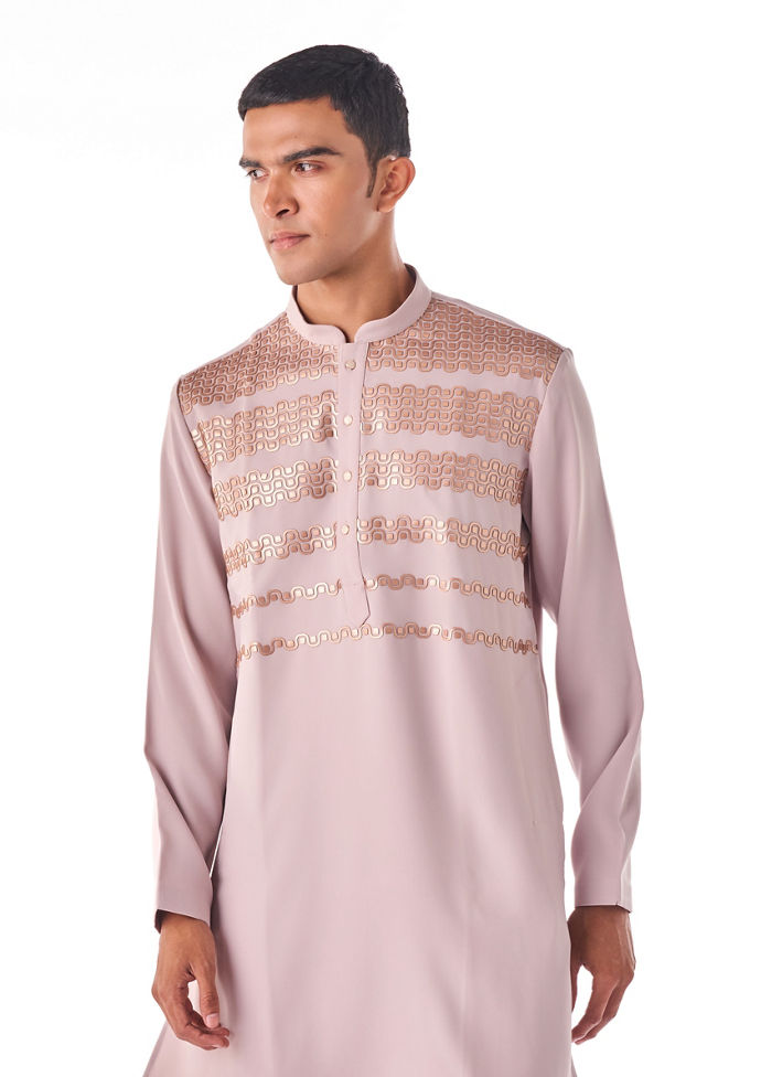 Twamev Men Fawn Crepe Kurta Set with Embroidery