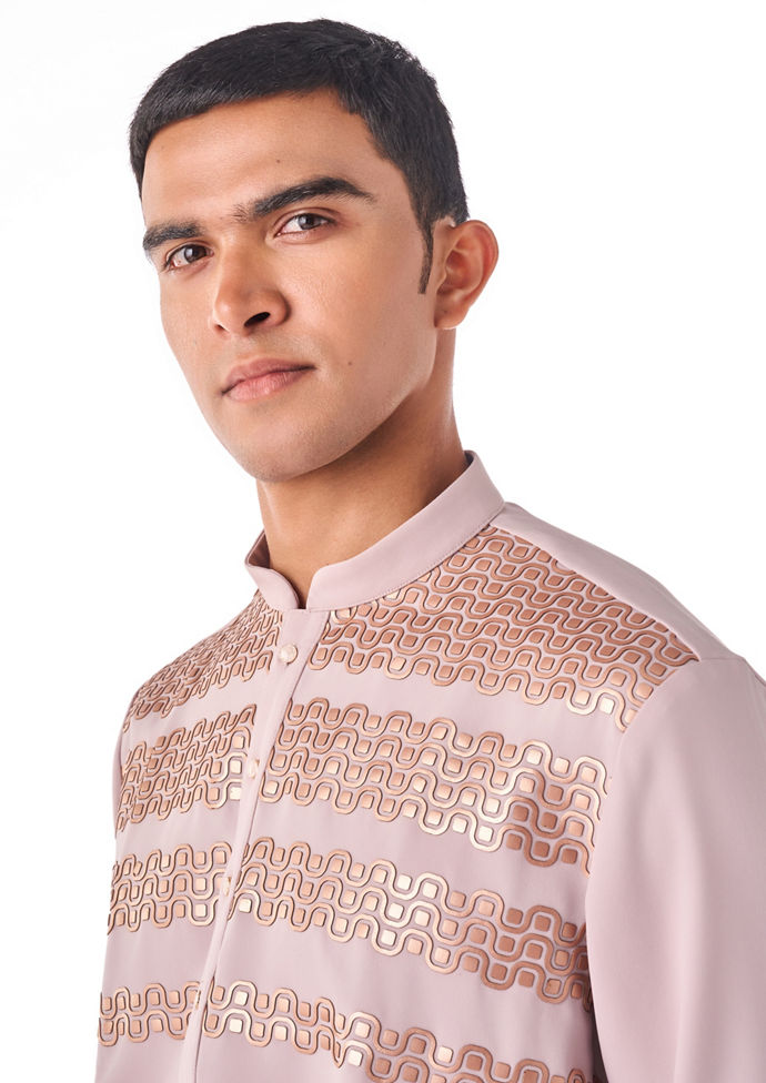Twamev Men Fawn Crepe Kurta Set with Embroidery