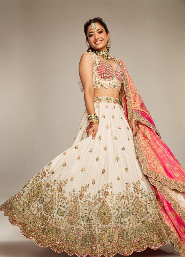 Mohey Women Pink and Cream Chinon Lehenga with Hand Embellished Skirt