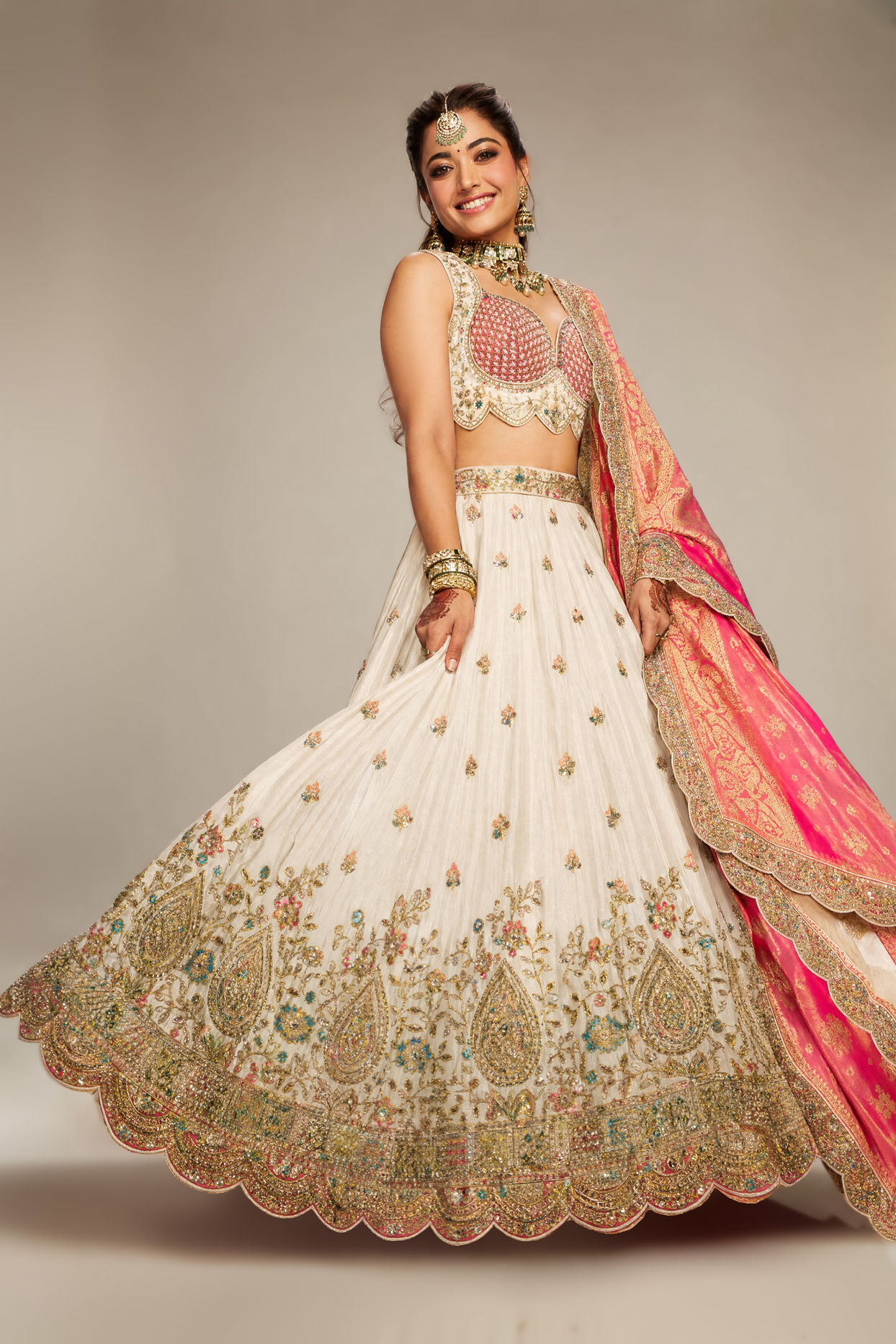 Mohey Women Pink and Cream Chinon Lehenga with Hand Embellished Skirt