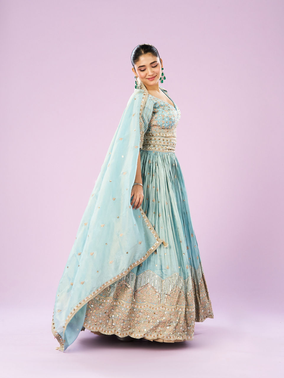 Mohey Women Luminous Light Blue Lehenga