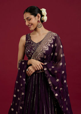 Mohey Women Grape Wine Bel Buti And Linear Patterned Crop Top Lehenga