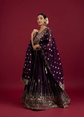 Mohey Women Grape Wine Bel Buti and Linear Patterned Crop Top Lehenga image number 2