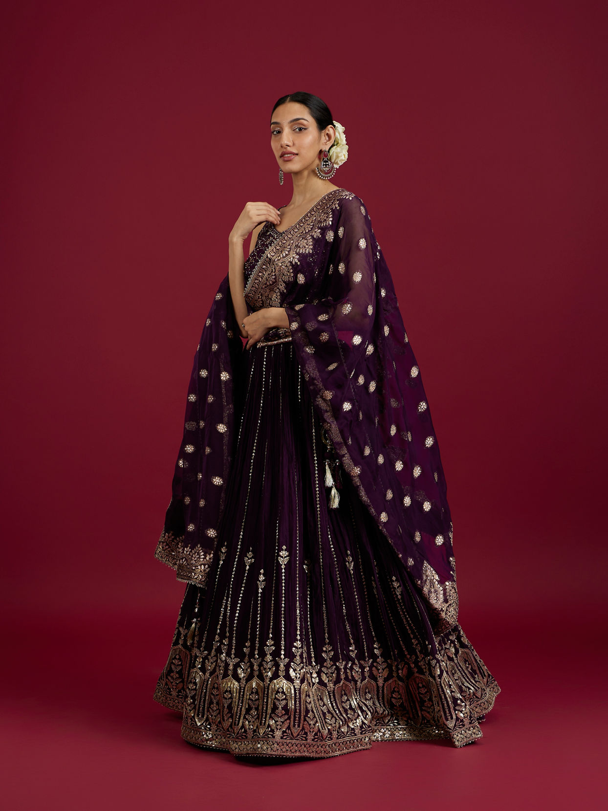 Mohey Women Grape Wine Bel Buti and Linear Patterned Crop Top Lehenga image number 2