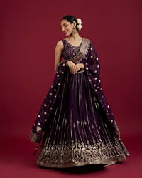 Mohey Women Grape Wine Bel Buti And Linear Patterned Crop Top Lehenga