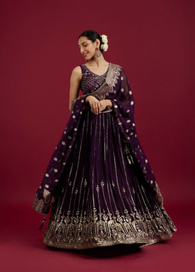 Mohey Women Grape Wine Bel Buti and Linear Patterned Crop Top Lehenga image number 0