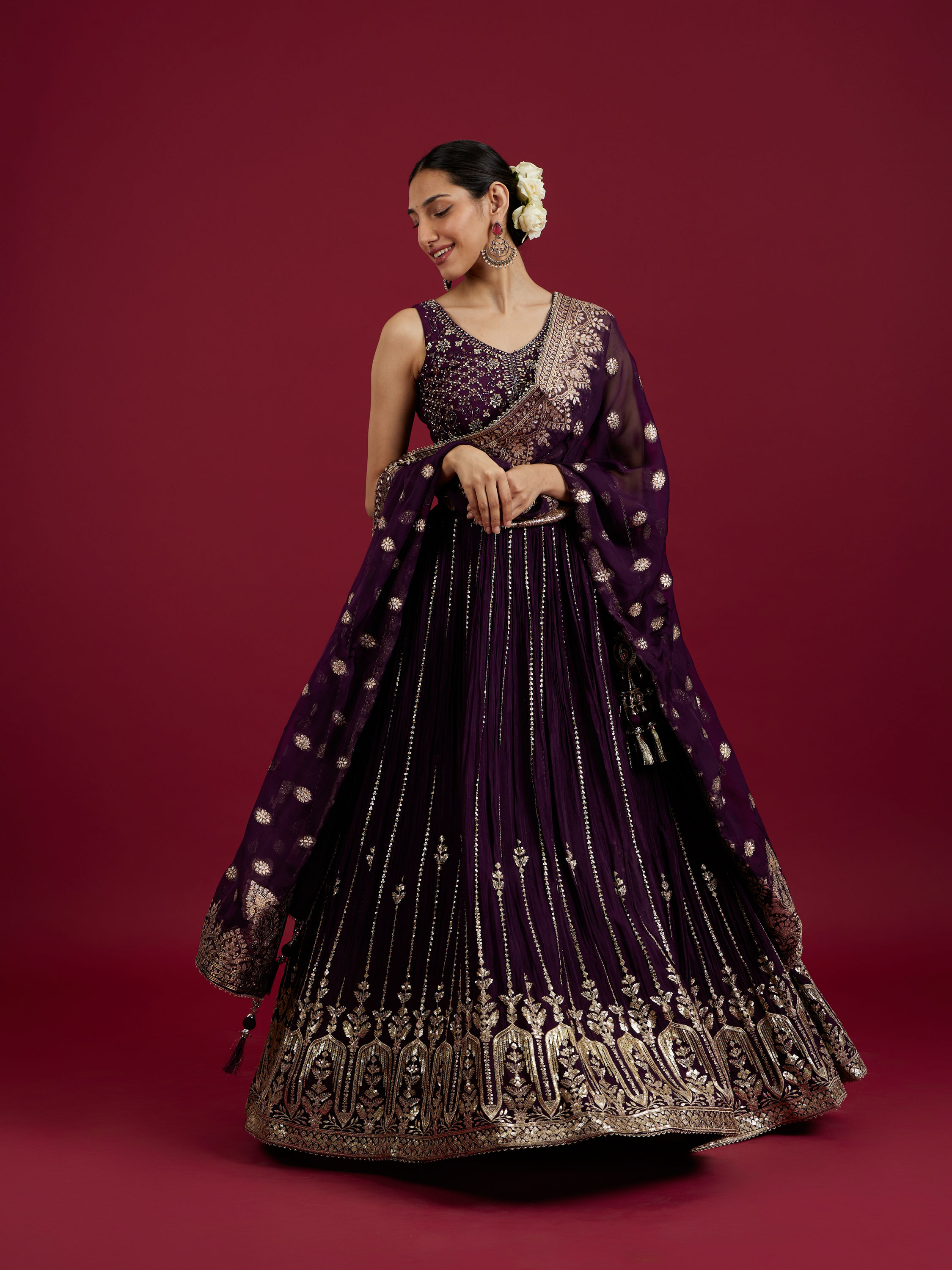 Mohey Women Grape Wine Bel Buti and Linear Patterned Crop Top Lehenga