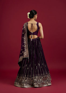 Mohey Women Grape Wine Bel Buti and Linear Patterned Crop Top Lehenga image number 5