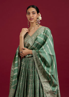 Mohey Women Sea Green Chinon Lehenga image number 1