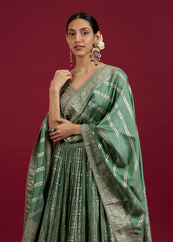 Mohey Women Sea Green Chinon Lehenga