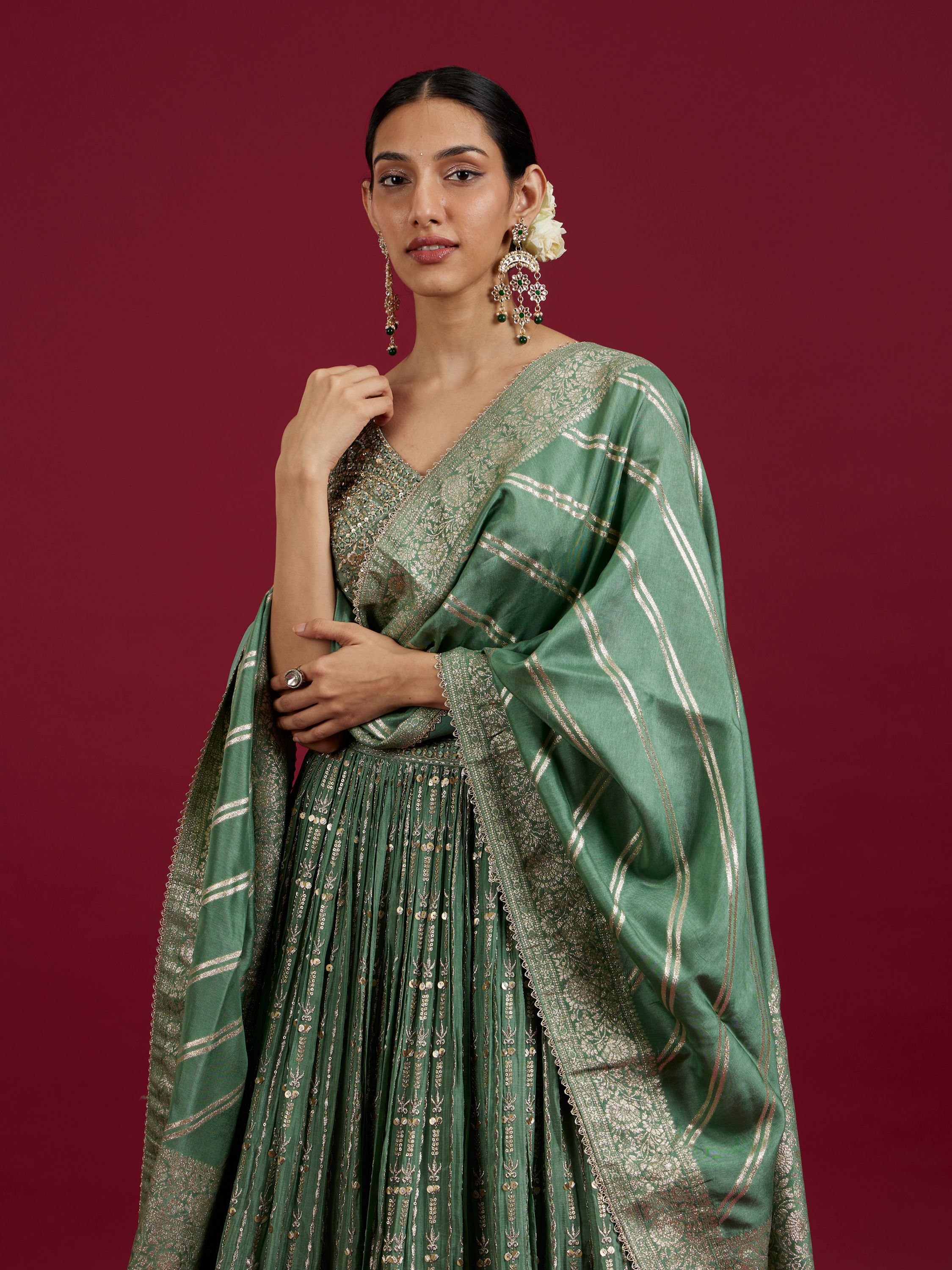 Mohey Women Sea Green Chinon Lehenga