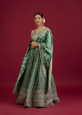 Mohey Women Sea Green Chinon Lehenga image number 2