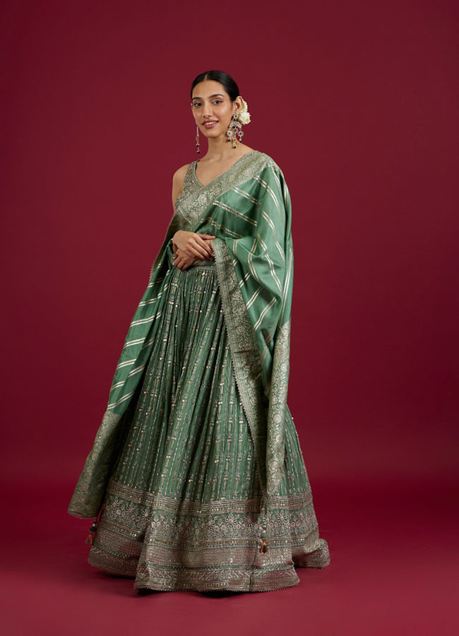 Mohey Women Sea Green Chinon Lehenga