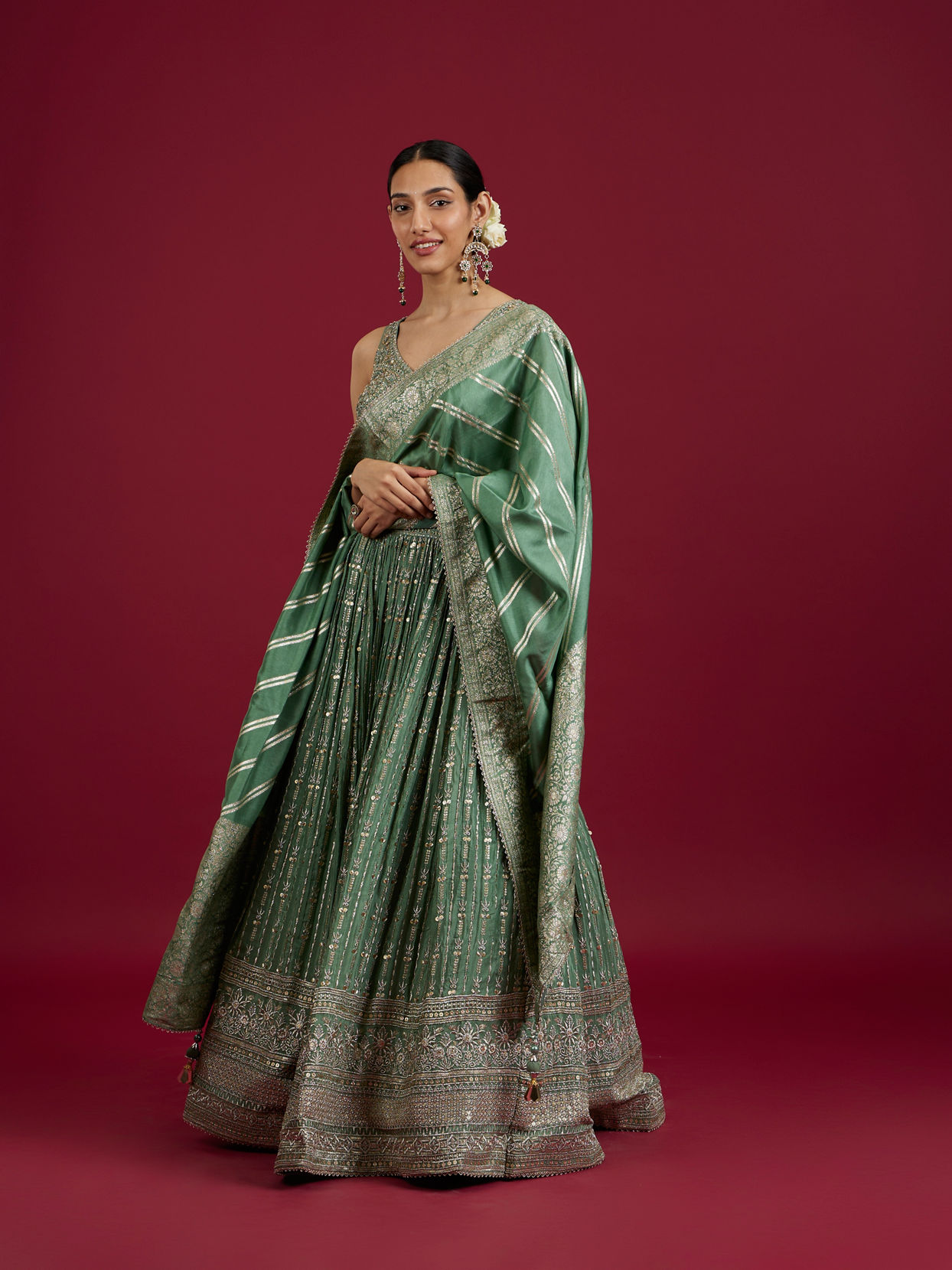 Mohey Women Sea Green Chinon Lehenga