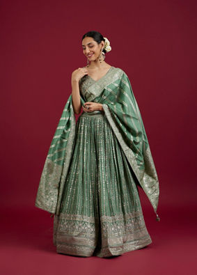 Mohey Women Sea Green Chinon Lehenga image number 0