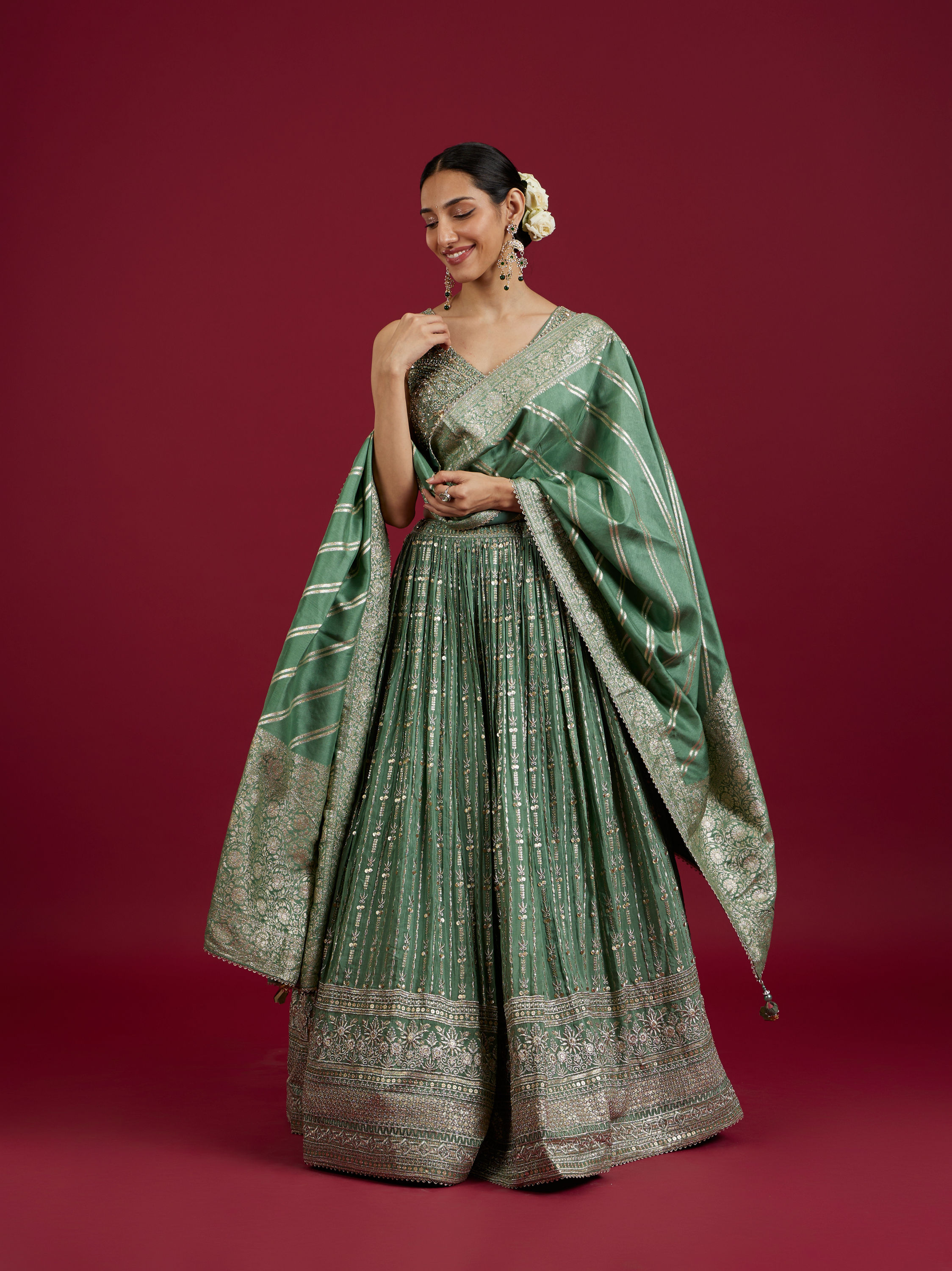 Mohey Women Sea Green Chinon Lehenga