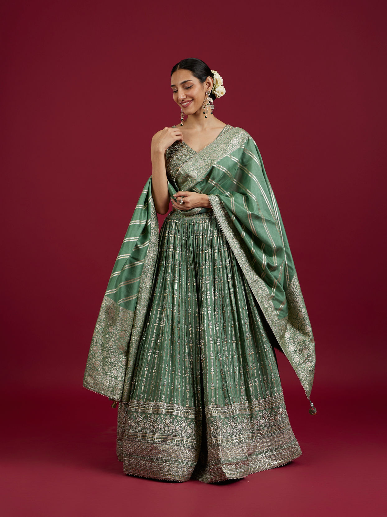 Mohey Women Sea Green Chinon Lehenga