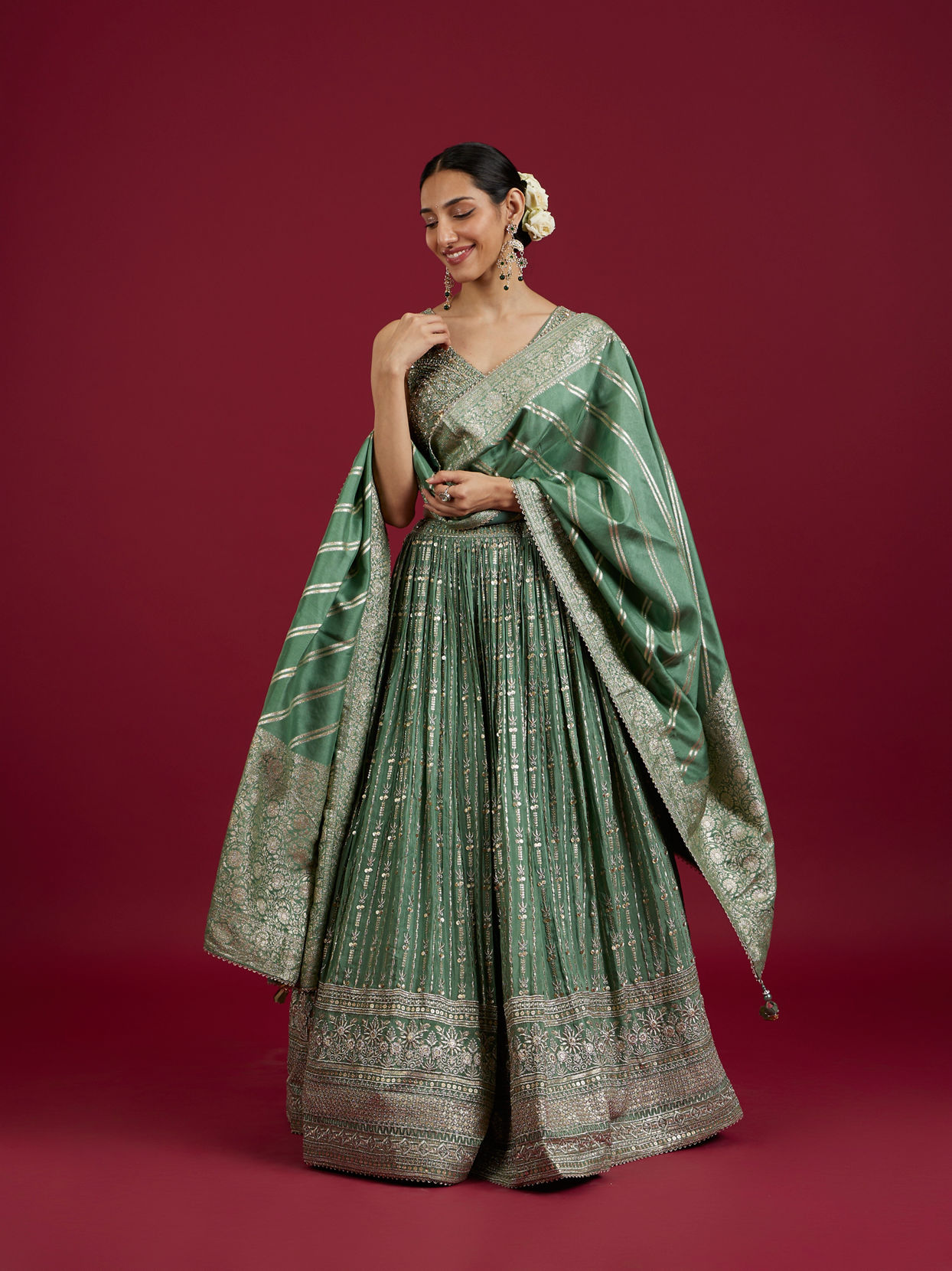 Mohey Women Sea Green Chinon Lehenga image number 0