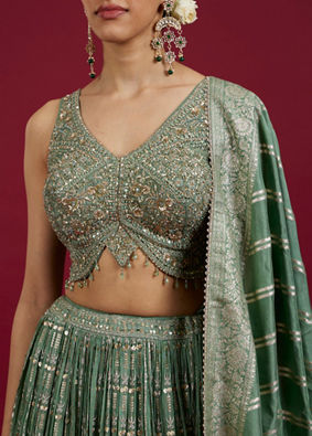 Mohey Women Sea Green Chinon Lehenga image number 3