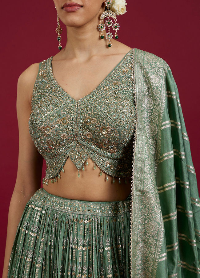 Mohey Women Sea Green Chinon Lehenga