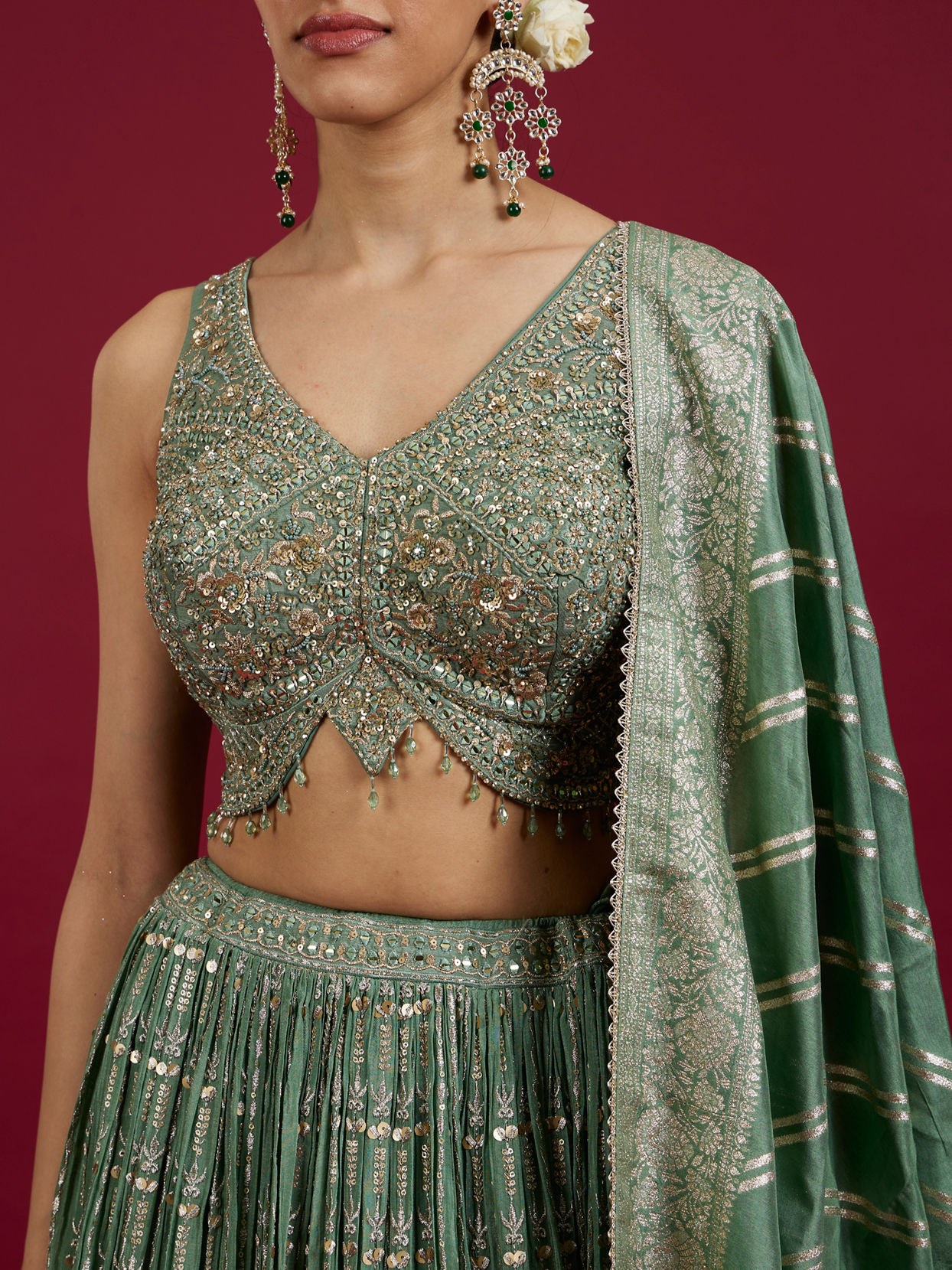 Mohey Women Sea Green Chinon Lehenga