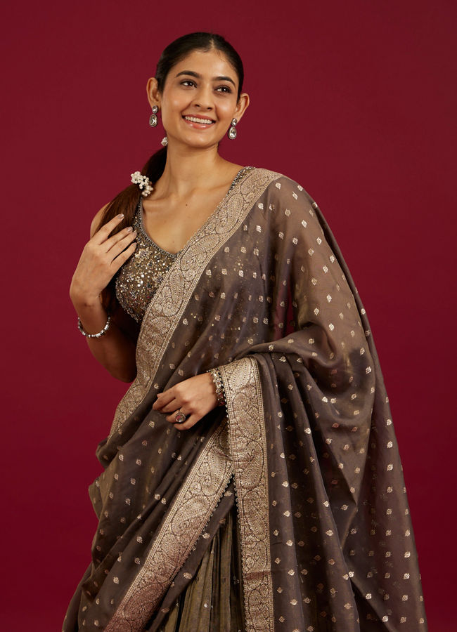 Mohey Women Greige Grey Sequin Work Crop Top Lehenga with Gota Patti And Beads Work