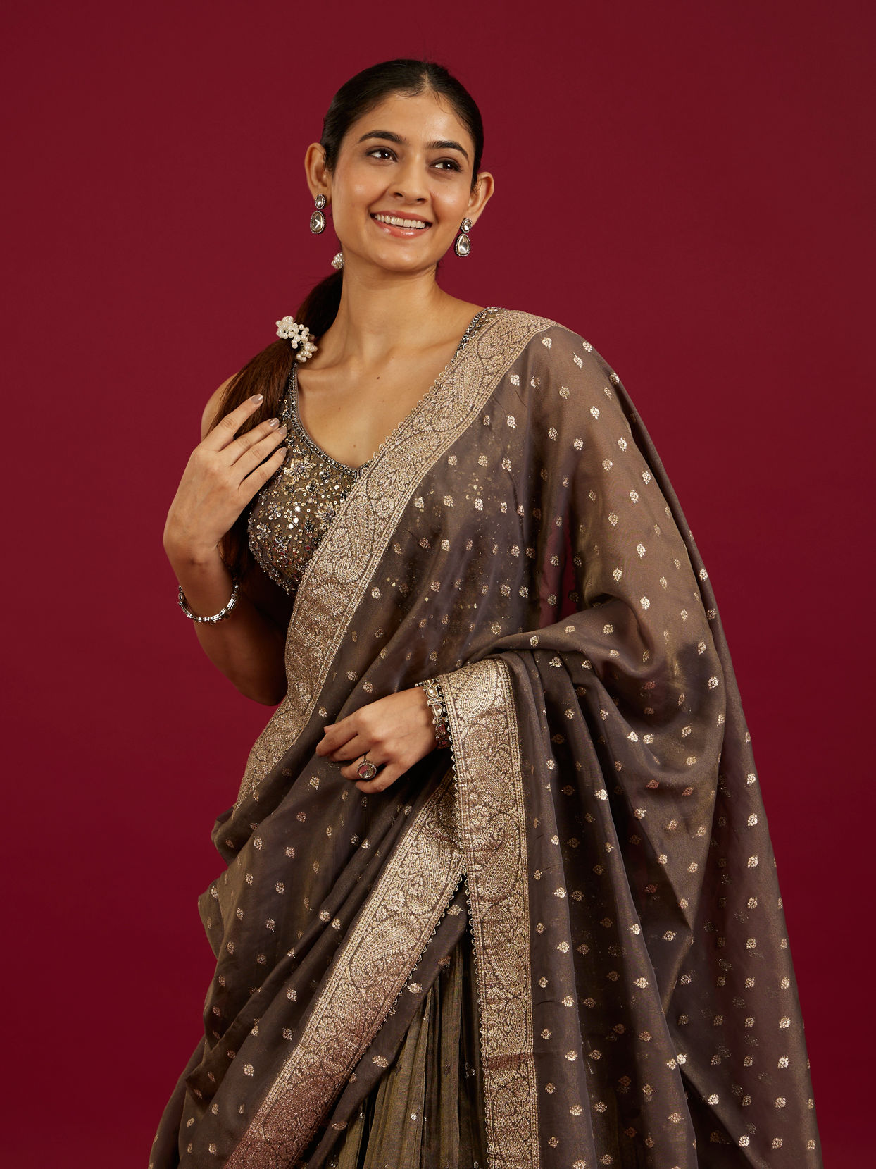 Mohey Women Greige Grey Sequin Work Crop Top Lehenga with Gota Patti And Beads Work