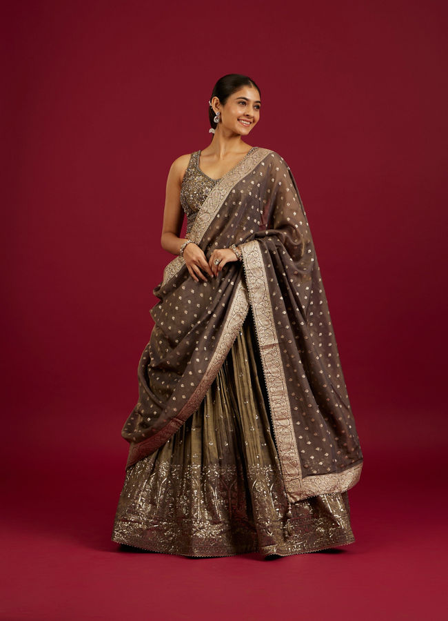 Mohey Women Greige Grey Sequin Work Crop Top Lehenga with Gota Patti And Beads Work