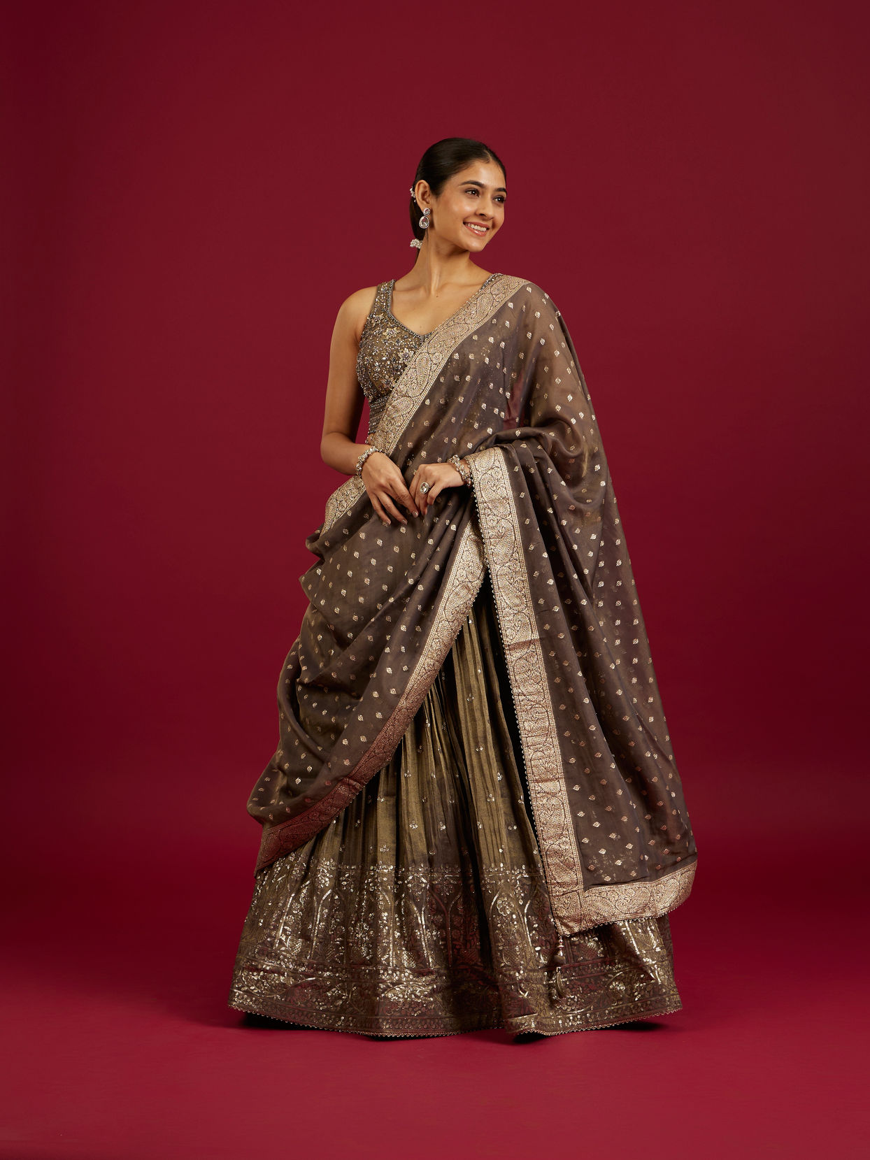 Mohey Women Greige Grey Sequin Work Crop Top Lehenga with Gota Patti And Beads Work