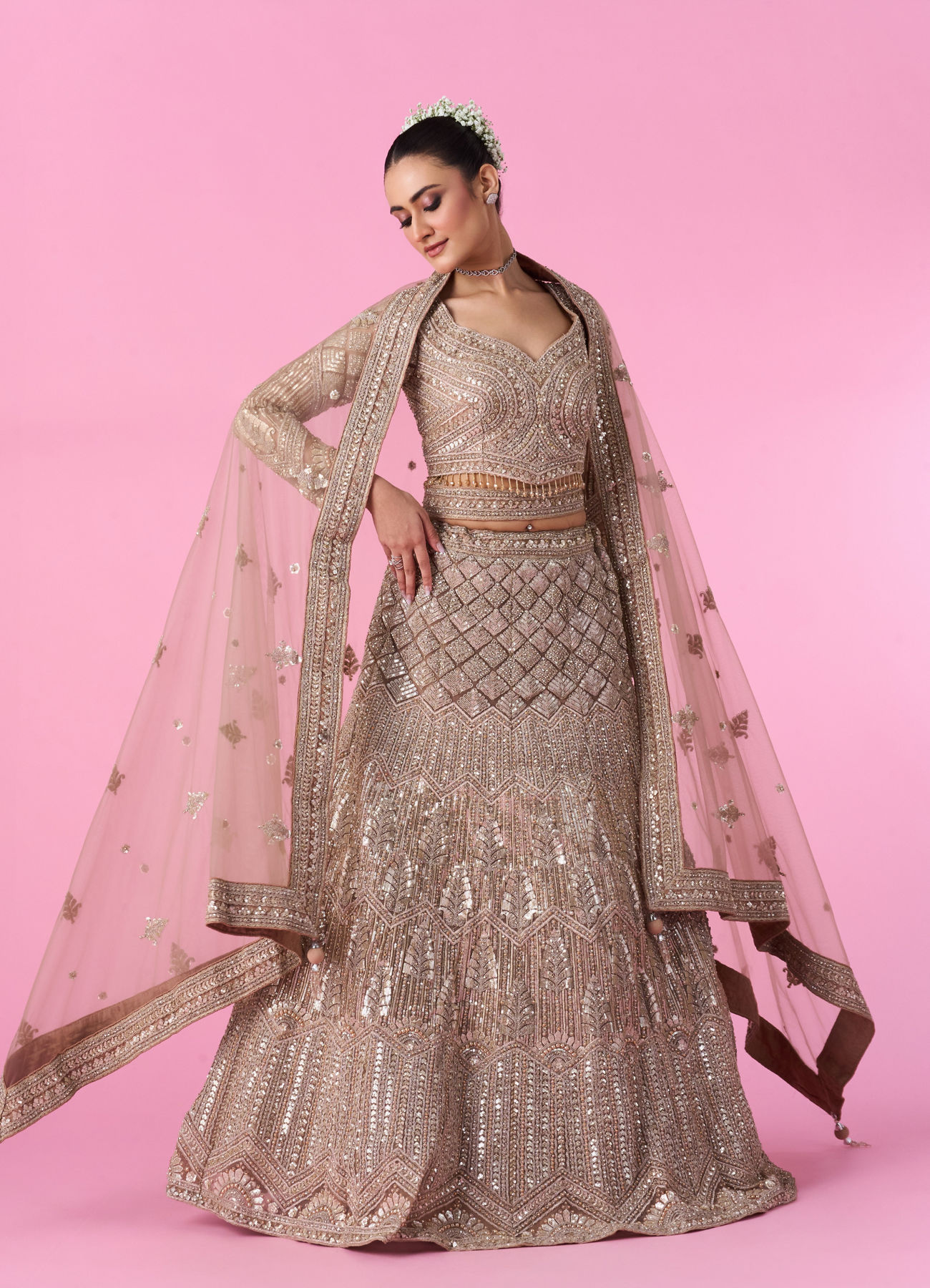 Mohey Women Fawn Glory Net Bridal Lehenga